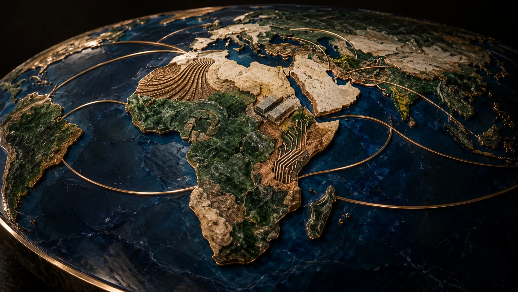 Conceptual sculpted atlas of Africa, the Arabian Peninsula and international connections